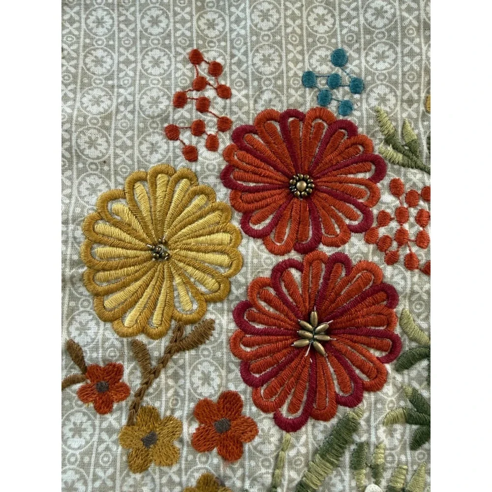 Vintage Pier 1 Floral Beaded Table Runner Dresser Scarf Linen Garden